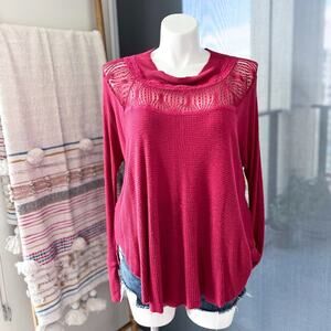 Free People Spring Valey Cranberry Red Lace Trim Long Sleeve Pullover Top Small